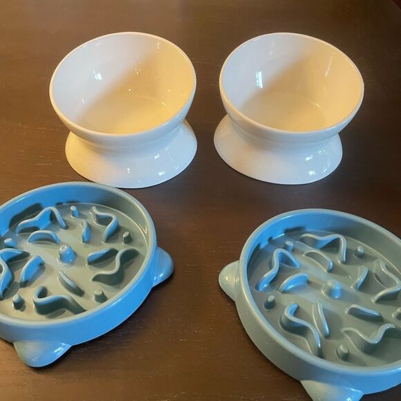 Raised Ceramic Dog or Cat Bowls and Two Slow Feeder Bowls - Picture 10 of 12